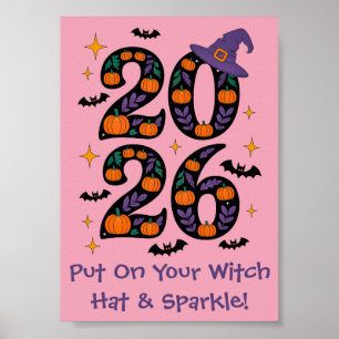 Póster Calabazas de Halloween rosadas 2026 Sombrero de Br