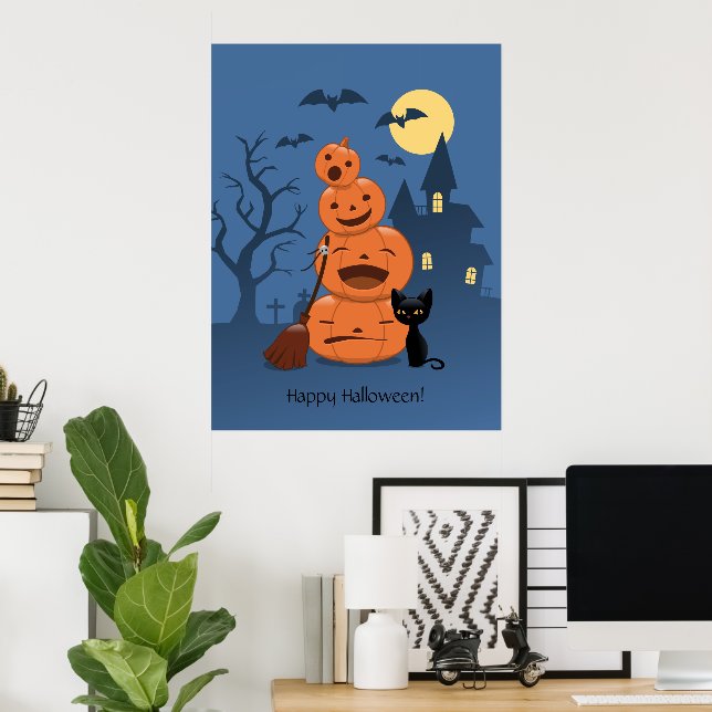 Póster Calabazas de Halloween y gato negro (Oficina en casa)