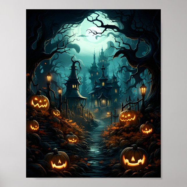 Póster Calabazas de Haloween en un bosque aterrador (Frente)