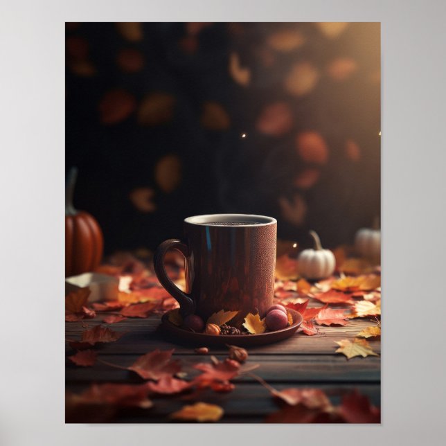 Póster Calabazas de hojas de otoño y café (Frente)