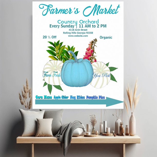 Póster Calabazas de la cosecha azul blanca en el mercado  (Farmers Market Fall Pumpkins White Blue Harvest Poster)