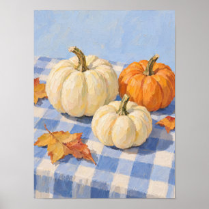 Póster Calabazas de otoño en mantel de cuadros azules