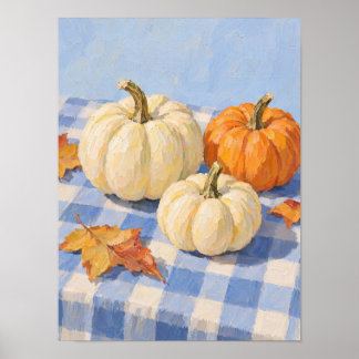 Póster Calabazas de otoño en mantel de cuadros azules