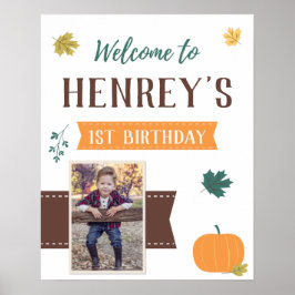 Póster Calabazas de otoño y hojas foto Signo de bienvenid