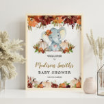 Póster Calabazas florales caídas elefante Baby Shower<br><div class="desc">Moda Autumn / Fall Floral Elephant Chica Baby Shower cartel de bienvenida, con un lindo elefante bebé y naranja de acuarela y calabazas adornadas con flores de borgoña. Personalice este magnífico signo con los detalles de su fiesta de forma fácil y rápida, simplemente pulse el botón personalizar it para reorganizar...</div>