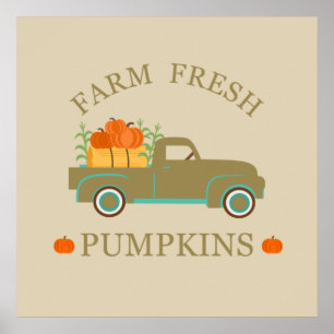 Póster Calabazas frescas de granja acuarela otoño