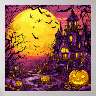 Póster Calabazas Murciélagos Castillo Embrujado de Hallow