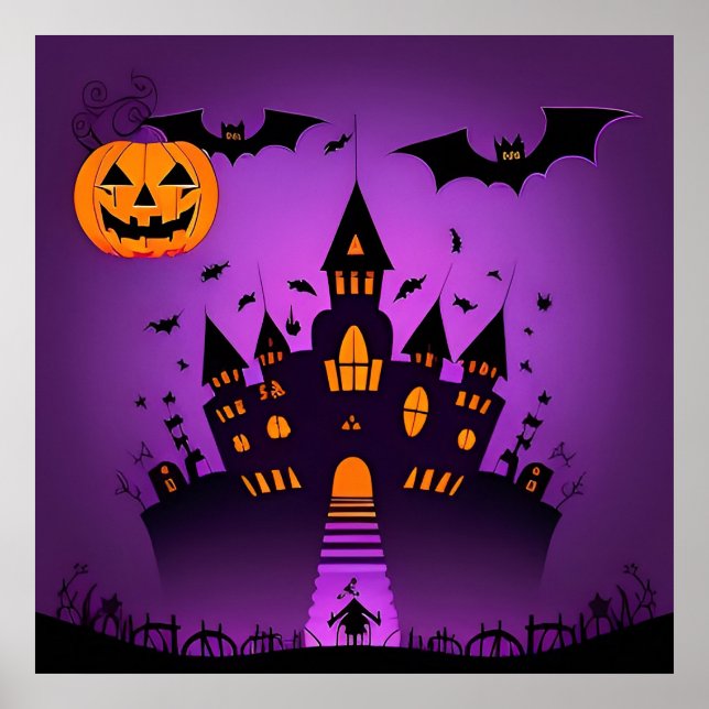 Póster Calabazas Murciélagos Castillo Embrujado Halloween (Frente)