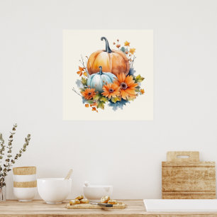 Póster Calabazas otoñales con flores y follaje