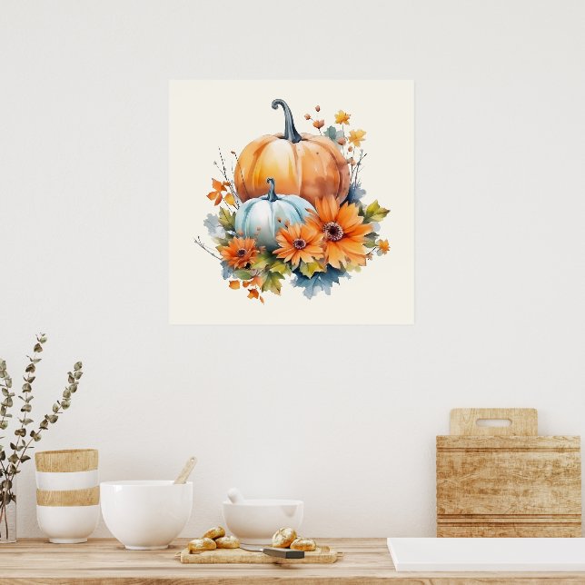 Póster Calabazas otoñales con flores y follaje (Cocina)