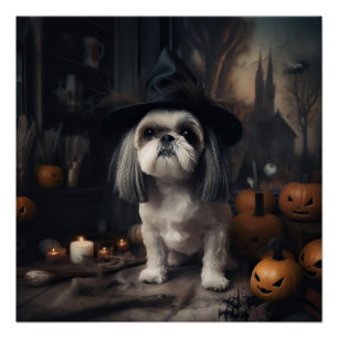 Póster Calabazas Shih Tzu Halloween Asustadizas