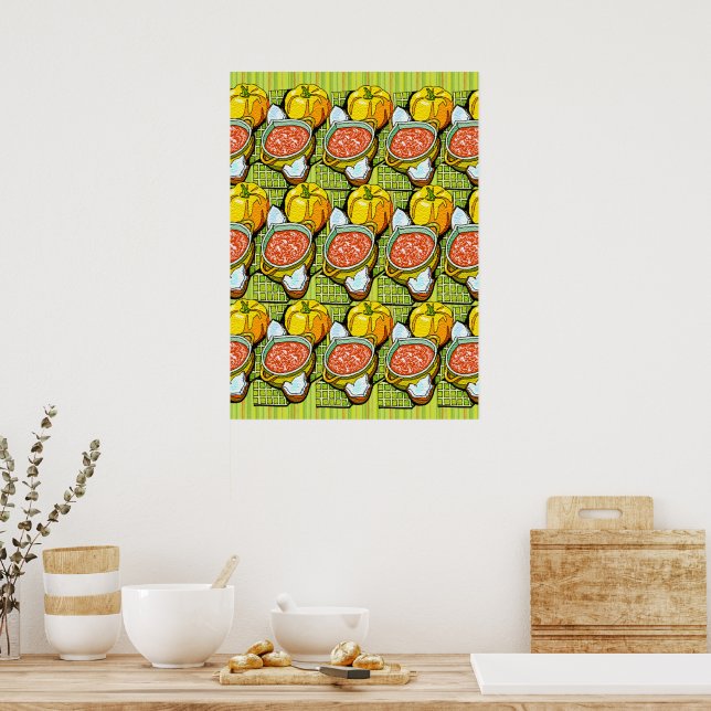 Póster Calabazas, Sopa y Fondo de Rayas (Cocina)