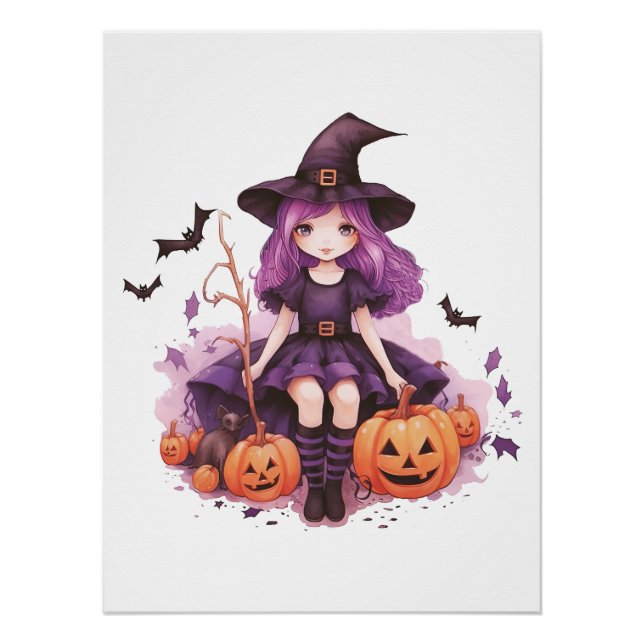 Póster Calabazas y batas de bruja moradas de bonito (Anverso)