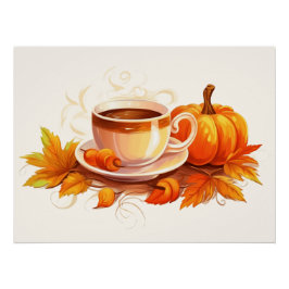 Póster Calabazas y café en acuarela