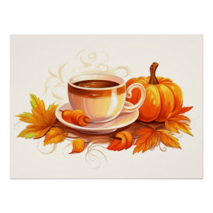 Póster Calabazas y café en acuarela