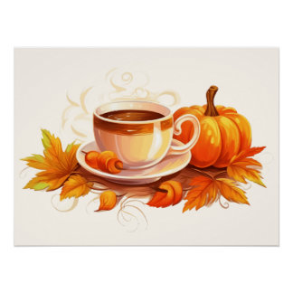 Póster Calabazas y café en acuarela