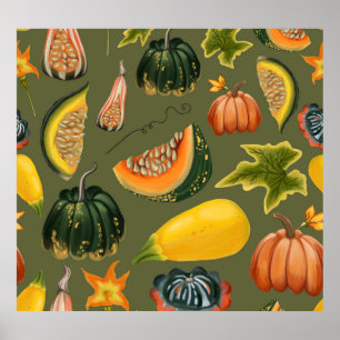 Póster Calabazas y hojas: vegetación otoñal