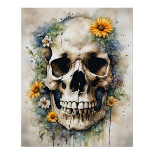 Póster Calavera acuarela con flores silvestres