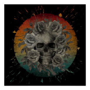 PÓSTER CALAVERA ANTIGUA Y FLORES NEGRO Y BLANCO