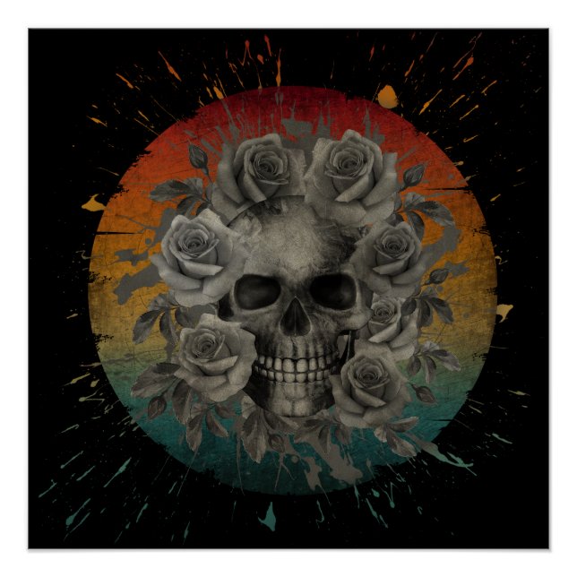 PÓSTER CALAVERA ANTIGUA Y FLORES NEGRO Y BLANCO (Anverso)