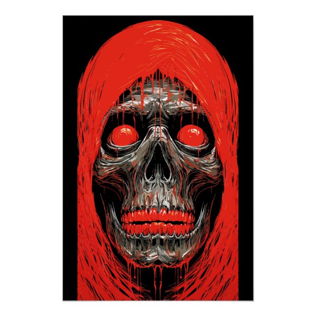 Póster Calavera con capucha en diseño rojo fuego (Anverso)