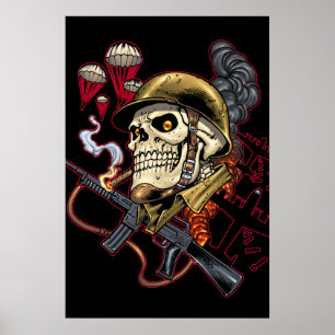 Póster Calavera con casco, aviones y bombas