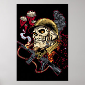 Póster Calavera con casco, aviones y bombas