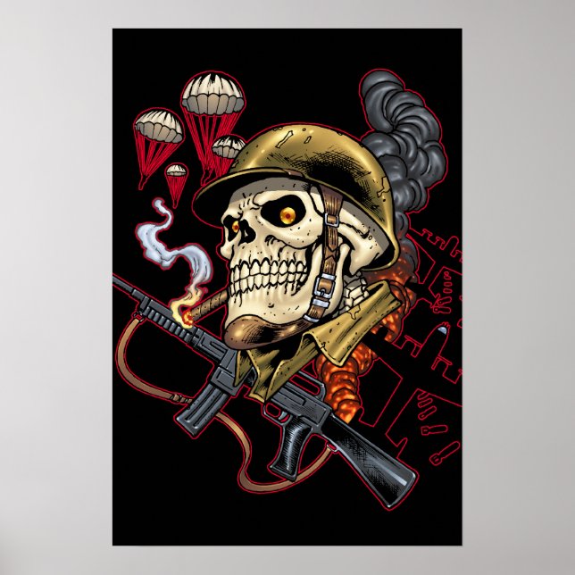 Póster Calavera con casco, aviones y bombas (Frente)