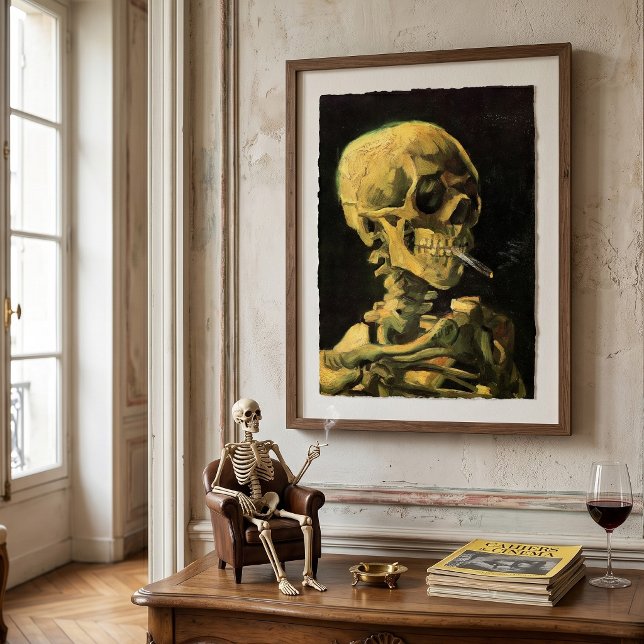 Póster Calavera con cigarrillo encendido de Vincent van G (Skull with Burning Cigarette by Vincent van Gogh is a vintage fine art post impressionism painting.)
