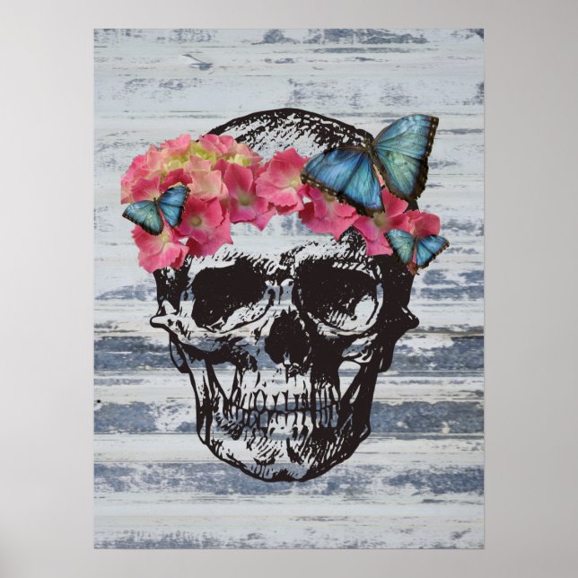 Póster Calavera con flores y mariposas hidrangea (Frente)