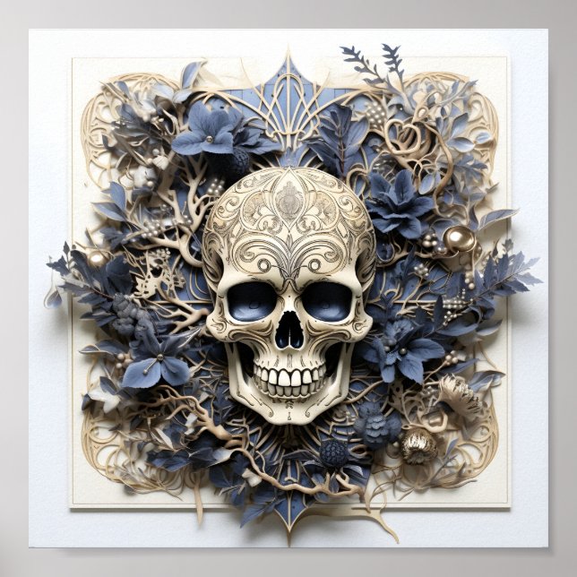 Póster Calavera Con Hojas Azules Y Flores Calavera De Hal (Frente)