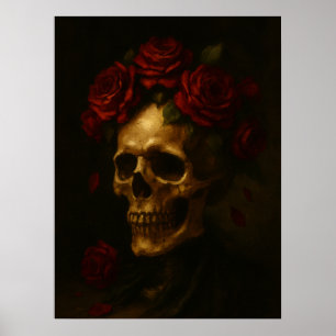 Póster Calavera con rosas rojas