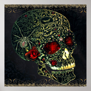 Póster Calavera de araña y Rosas Glam Gothic Filigree