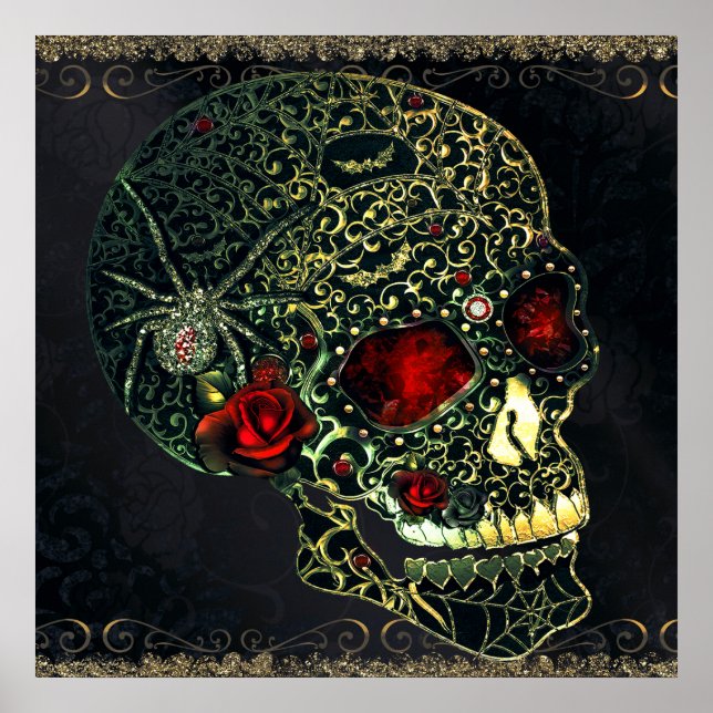 Póster Calavera de araña y Rosas Glam Gothic Filigree (Frente)
