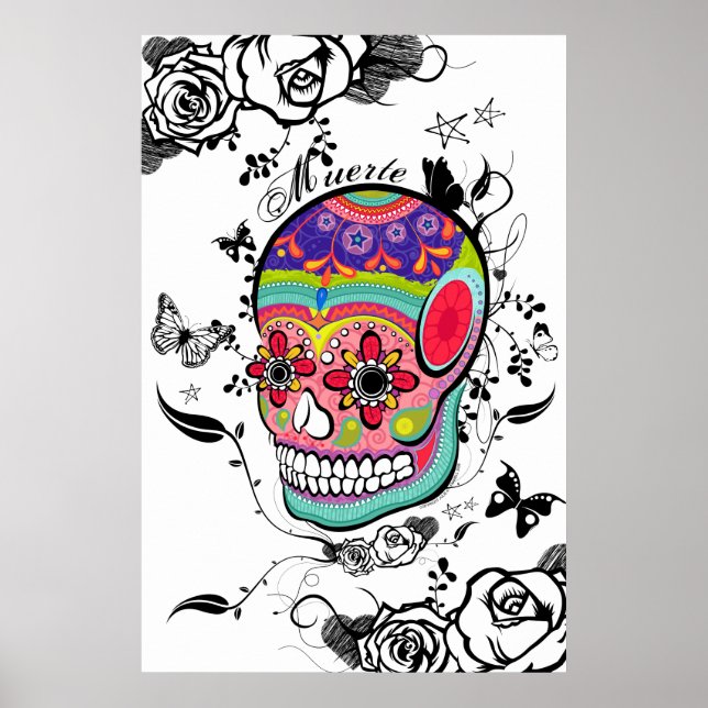 Póster Calavera de azúcar artística muerte, Rosas y flore (Frente)