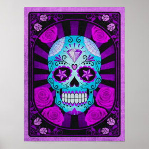 Póster Calavera de azúcar azul y púrpura con Rosas