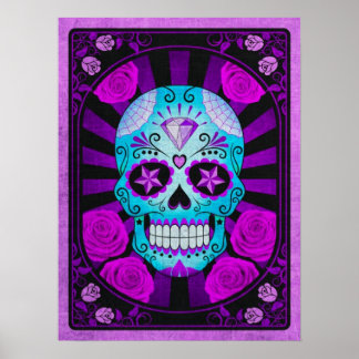 Póster Calavera de azúcar azul y púrpura con Rosas