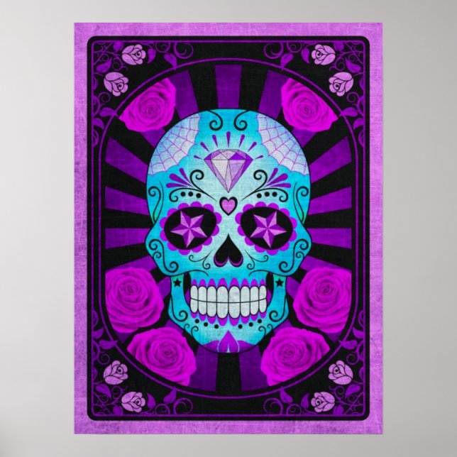 Póster Calavera de azúcar azul y púrpura con Rosas (Frente)