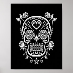 Póster Calavera de azúcar blanco con Rosas en negro