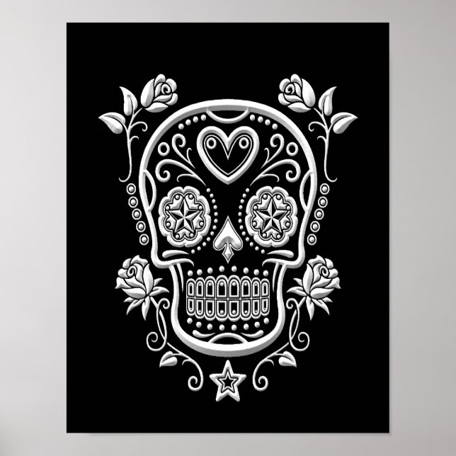 Póster Calavera de azúcar blanco con Rosas en negro (Frente)
