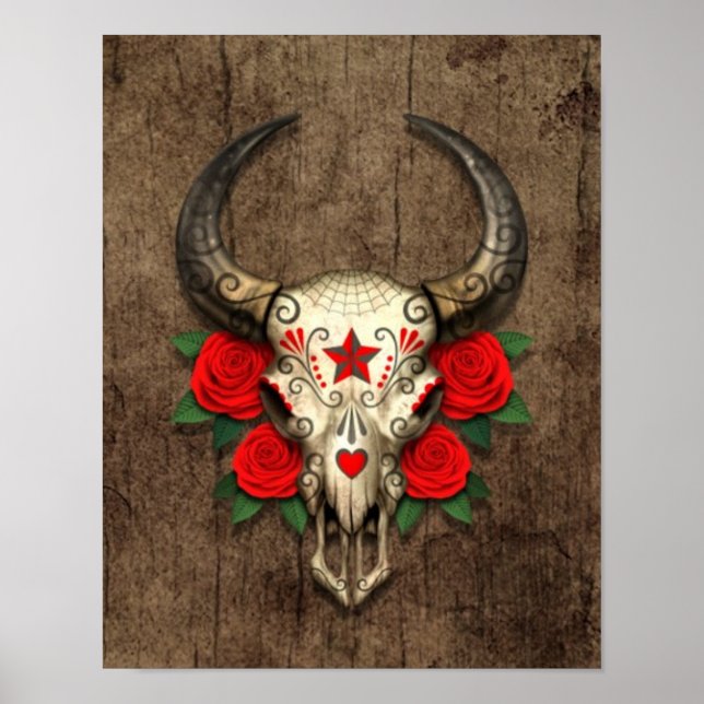 Póster Calavera de azúcar de toro con rosas rojas en gráf (Frente)