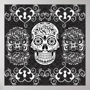Póster Calavera de azúcar decorativa Grunge gótico blanco