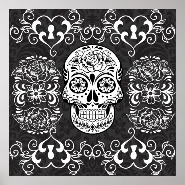 Póster Calavera de azúcar decorativa Grunge gótico blanco (Frente)