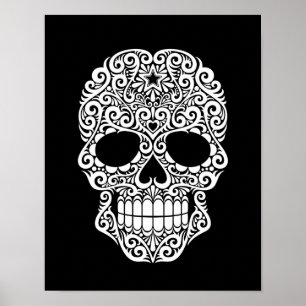 Póster Calavera de azúcar en blanco girando sobre negro