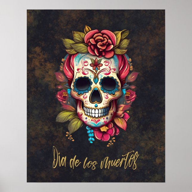 Póster Calavera de azúcar floral Día de los Muertos Españ (Frente)