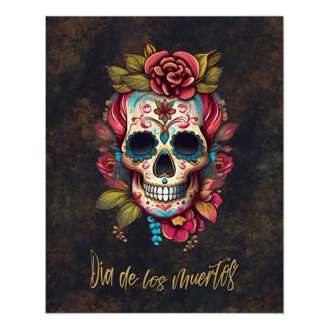 Póster Calavera de azúcar floral Día de los Muertos Españ