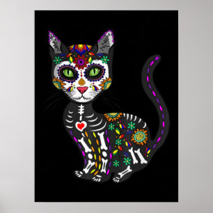 Póster Calavera de azúcar Gato Mexicano Halloween Día De 