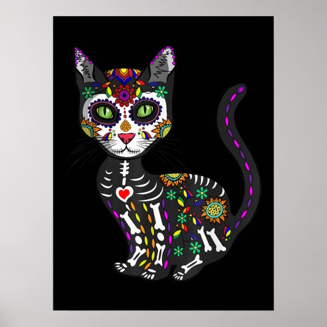 Póster Calavera de azúcar Gato Mexicano Halloween Día De  (Frente)