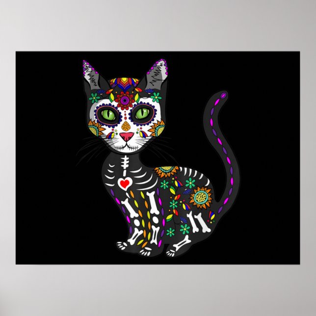 Póster Calavera de azúcar Gato Mexicano Halloween Día De  (Frente)