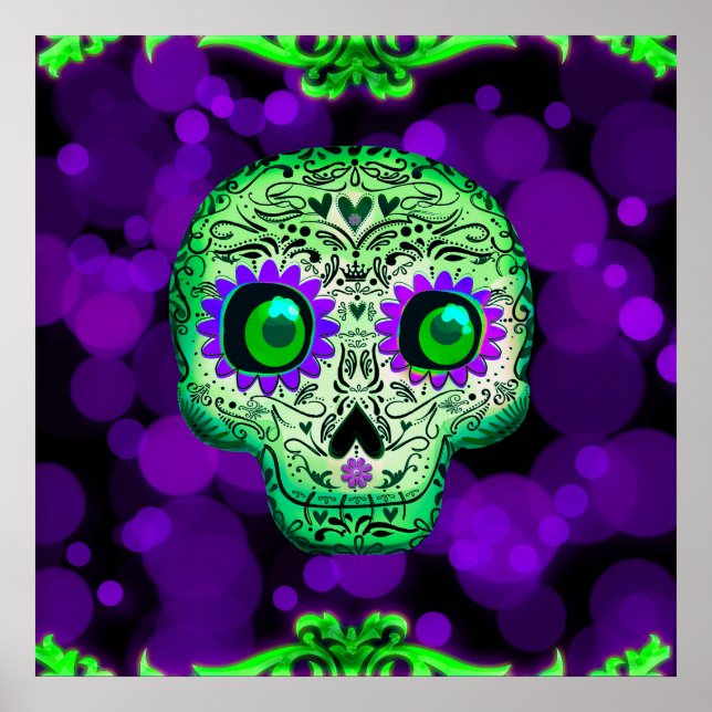 Póster Calavera de azúcar iluminada verde y morada de Hal (Frente)